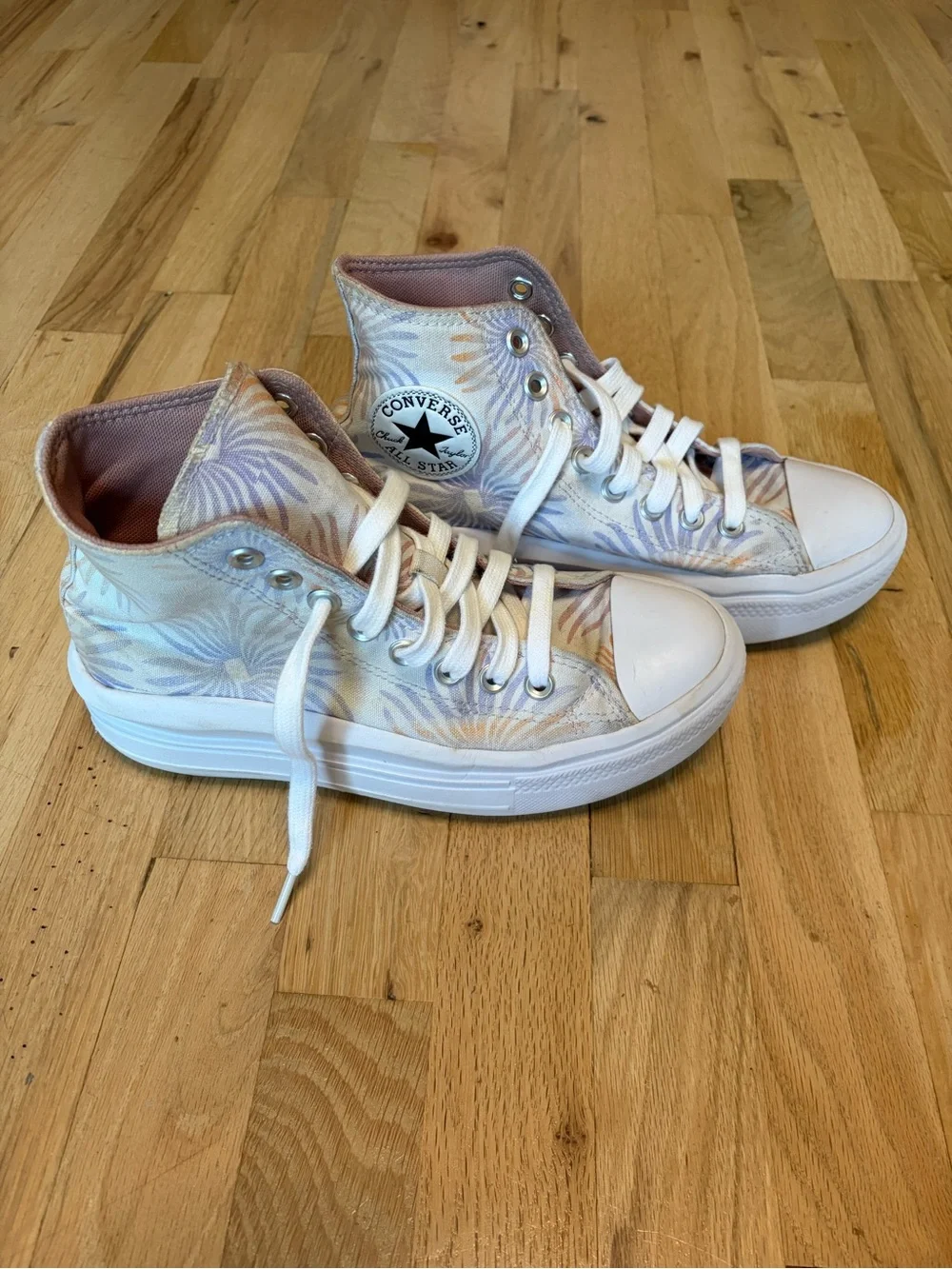 Converse High-Top Sneakers in Pale Pink and White with Subtle Floral Print